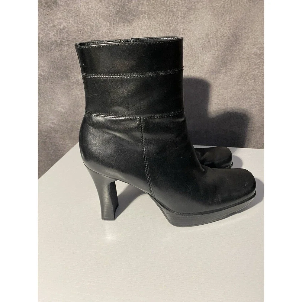 Vtg Nine West 90s Black Leather Square Toe Platform Ankle Boots Size 6M Chunky
